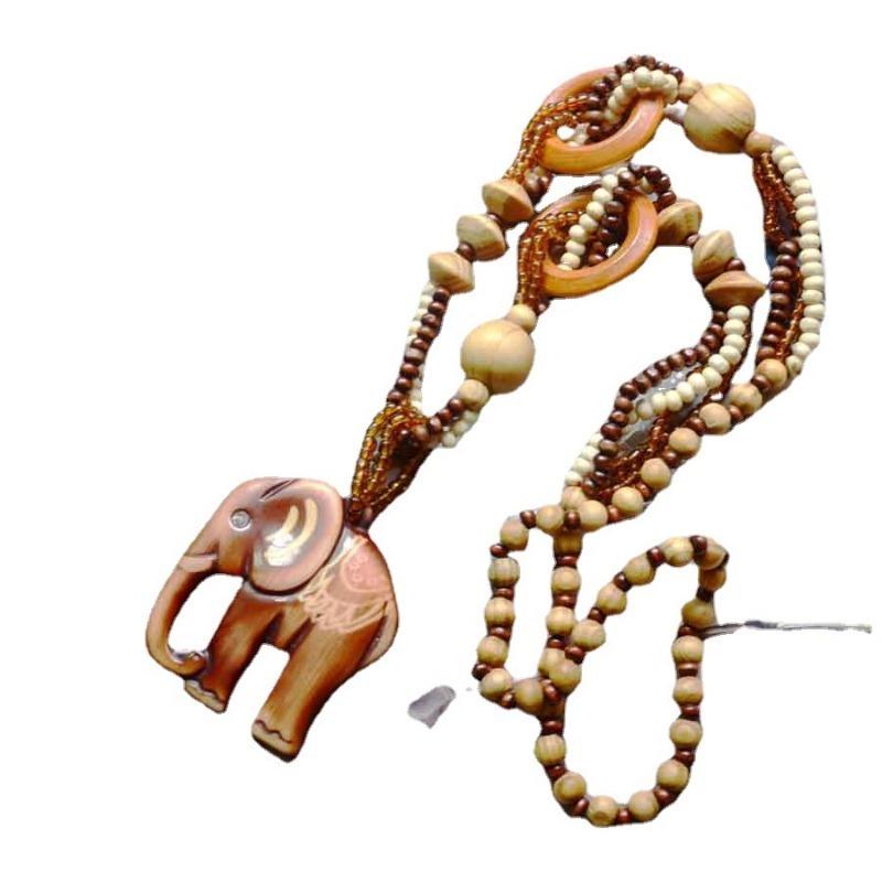 Kalung Resin Kayu Bohemian Wanita Gaya Etnis Retro Gajah Manik-manik Gantungan Sweater Rantai Aksesori Ledakan