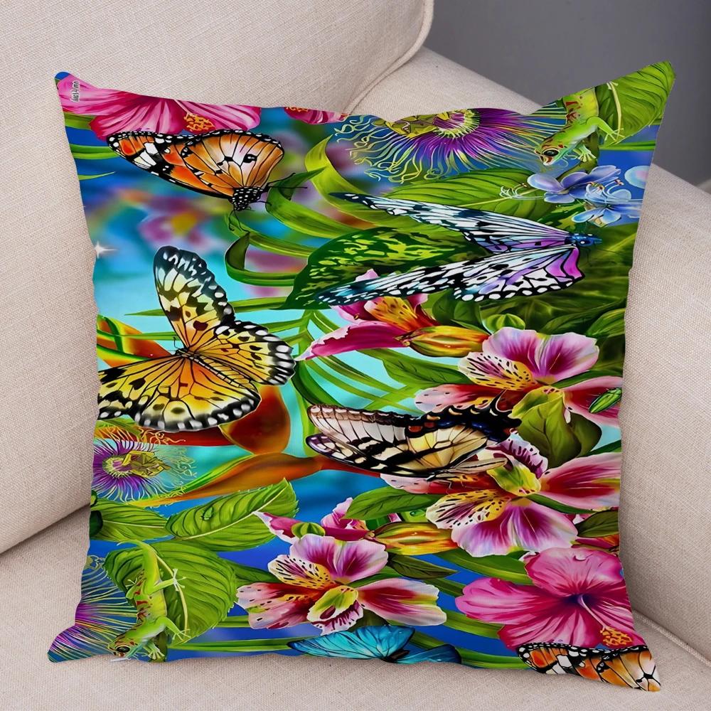 Tecknad Blomma Fjäril Djur Kuddfodral Dekor Blomma Kuddfodral för Soffa Hem Bil Fantasi Skog Mjuk Plysch Kuddfodral