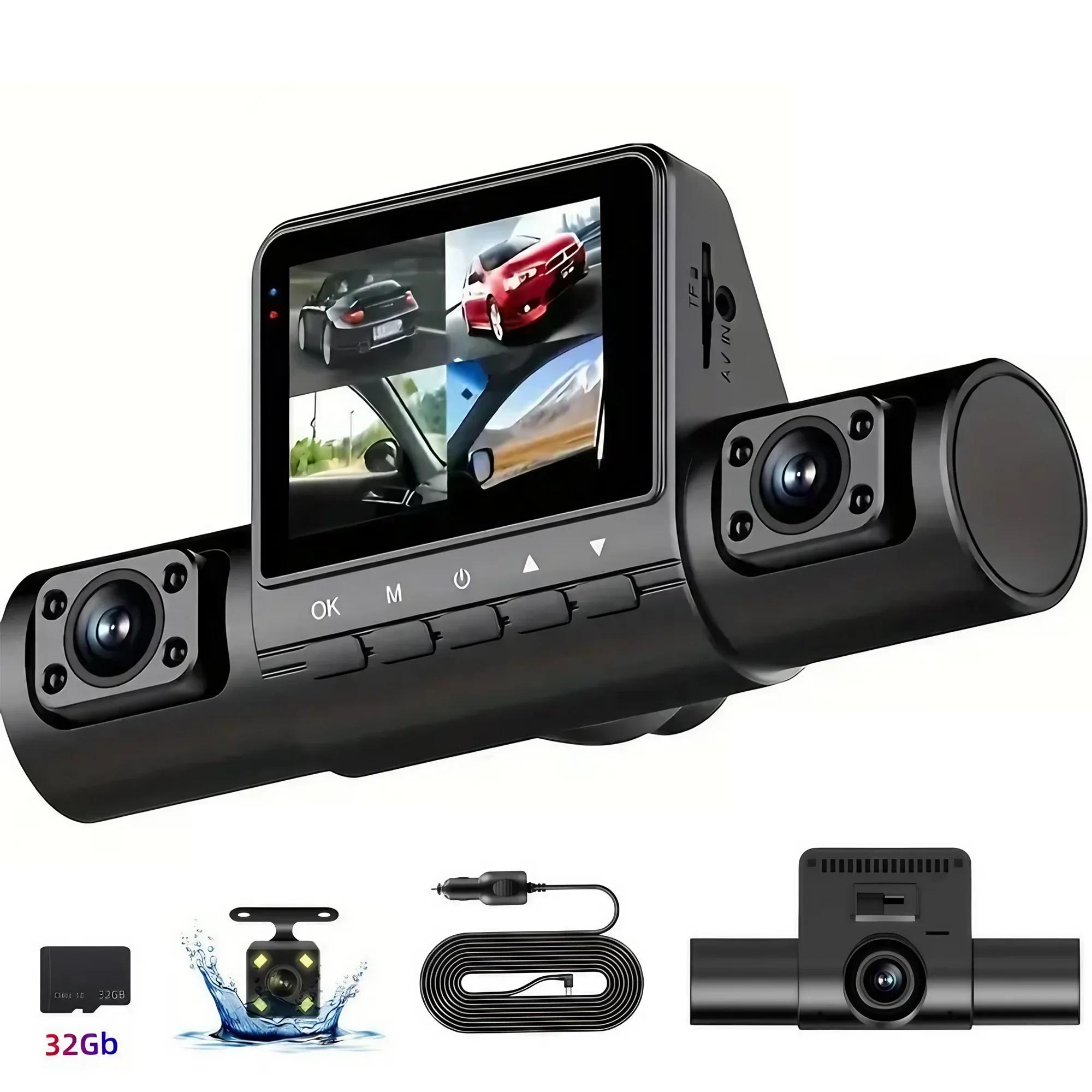

3Camera Car Recorder 1080P HD with Night Vision Parking Monitoring IPS Screen Front Rear Inside Dash Cam Support Laptop Computer чёрный