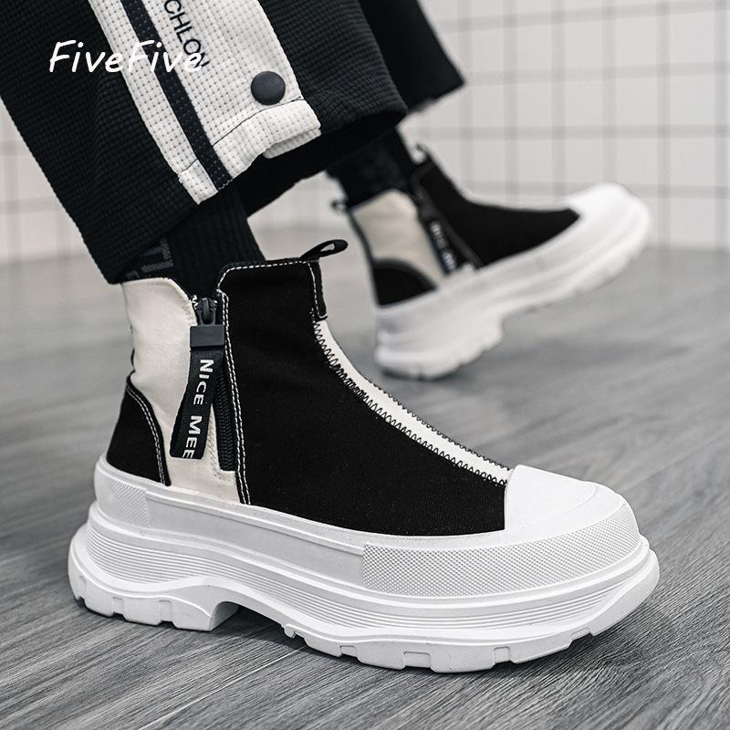 Men Lace Up Round Toe Non Slip Shoes Men Fashion High-top Ankle Shoes Comfortable Canvas Flat Boots Casual Platform Sport Shoes