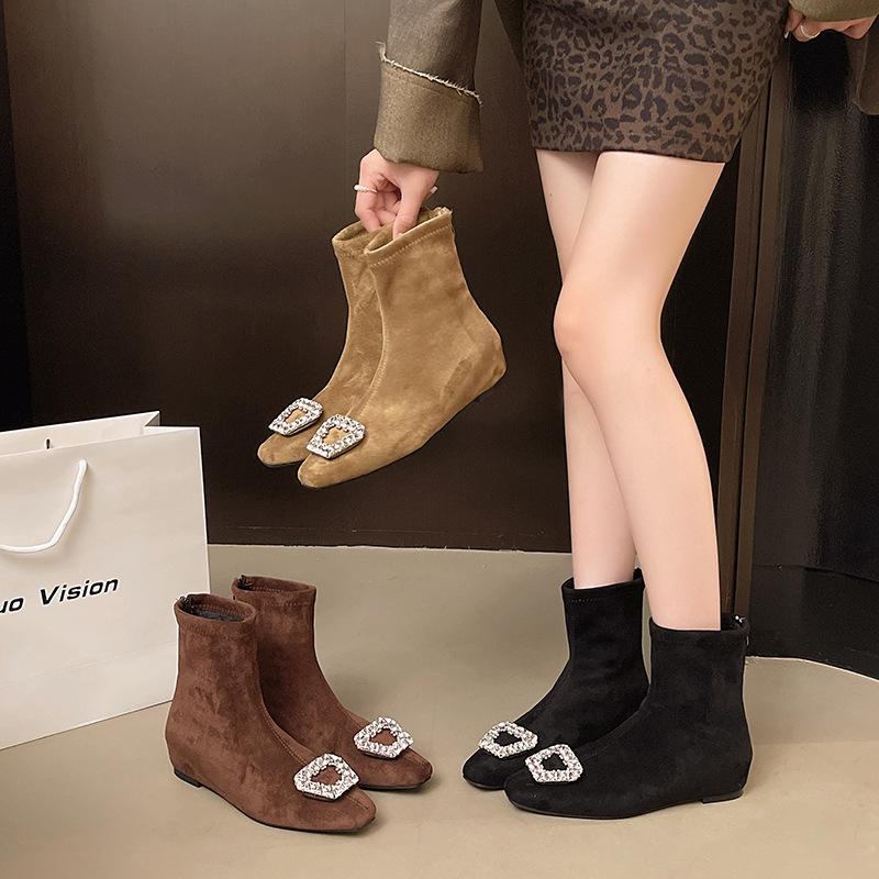Foreign Style Inner Height Increase Rhinestone Suede Square Head Small Short Boots 2025 Autumn and Winter New Thin Fashion Celebrity Style Thin Boots