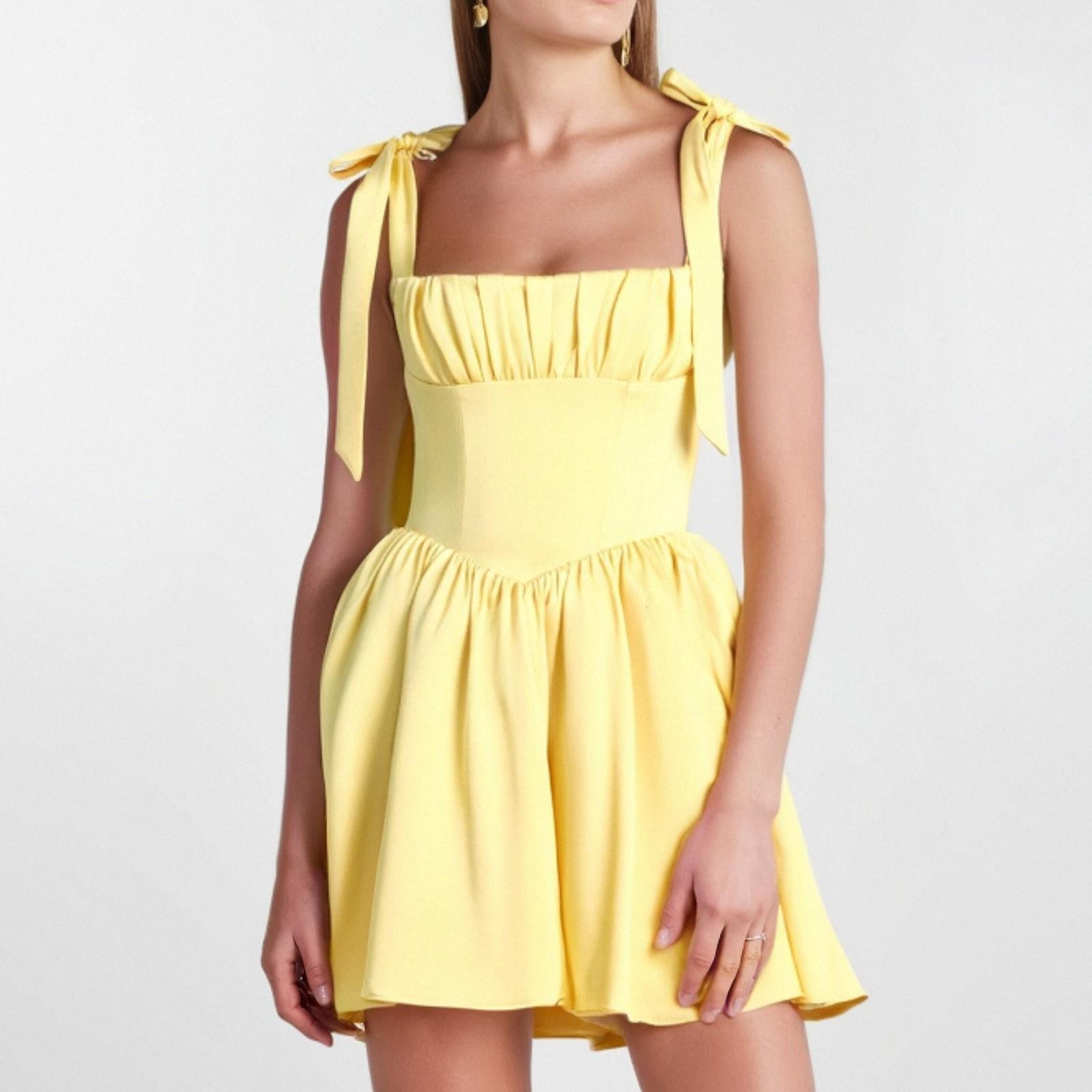 

Women s Casual Loose Square Neck High Waist Pleated Patchwork Bow Suspender Dress XL жовтий