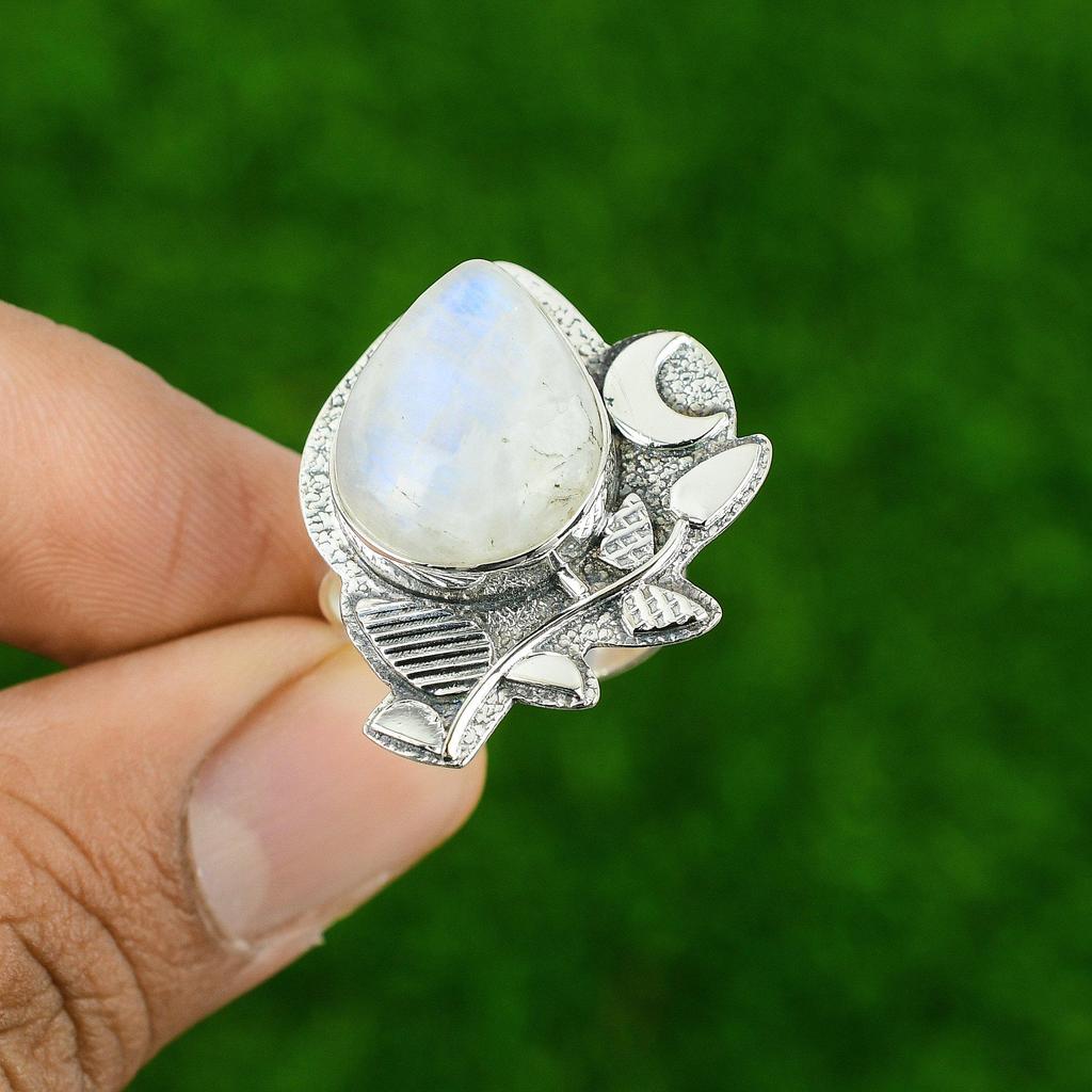 925 Silver Crown Chakra Rainbow Moonstone Stone Daughter Statement Ring Jewelry