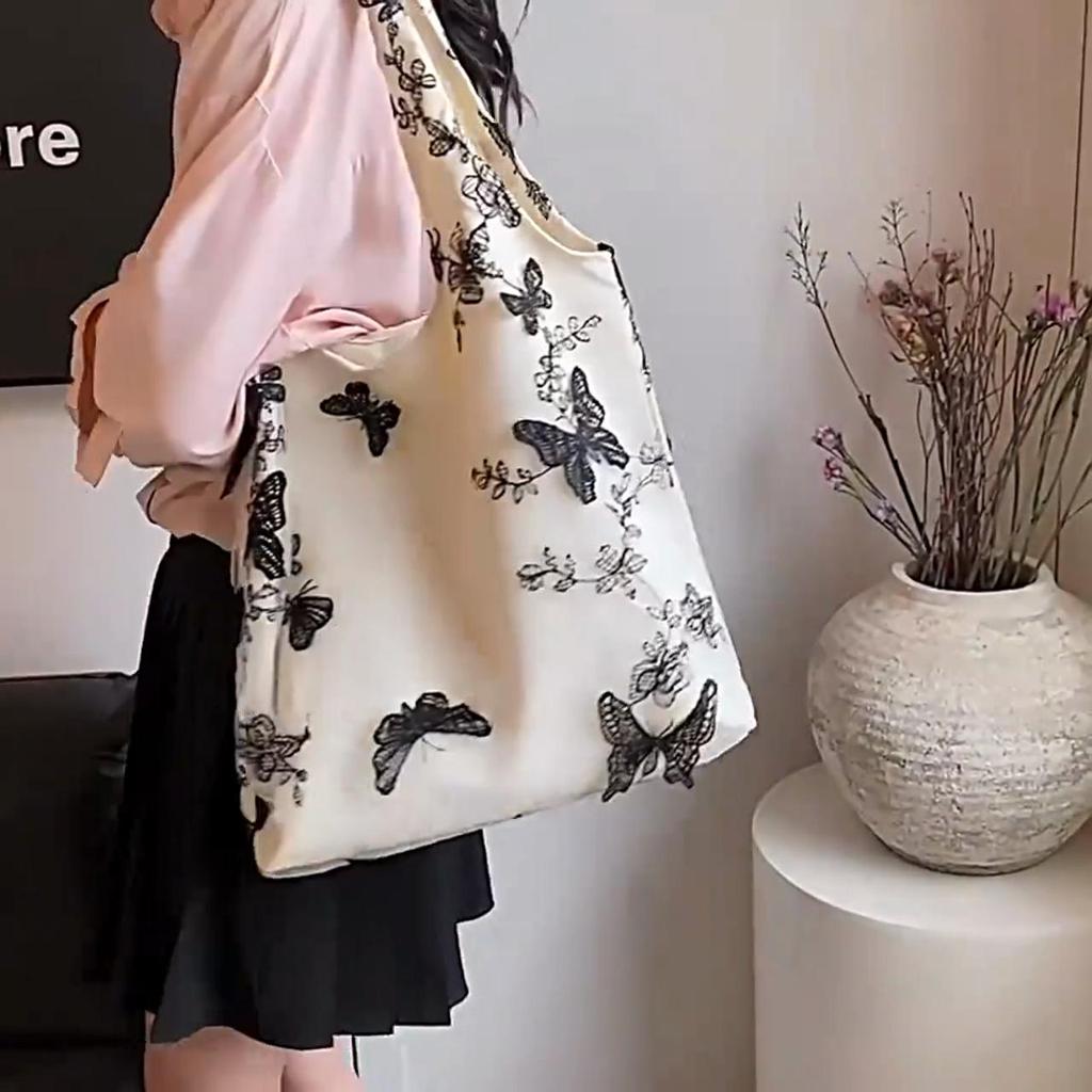 Embroidered Butterfly Canvas Lace Bag Large Capacity Versatile Shoulder Bag For Women Travel Shopping Tote Handbags AVE