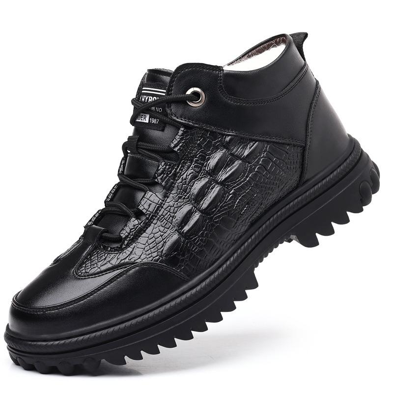 Crocodile Pattern Winter New Cotton Boots Men's Leather Lace-up Velvet Thermal Casual High-top Leather Boots