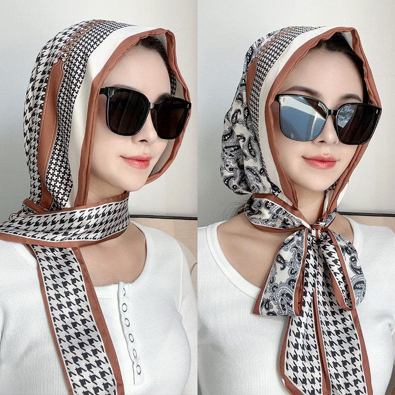 Spring and summer new double-layer double-sided satin silk scarf, hat, sunscreen headscarf, hat, streamer temperament, bag head hat, Feiling