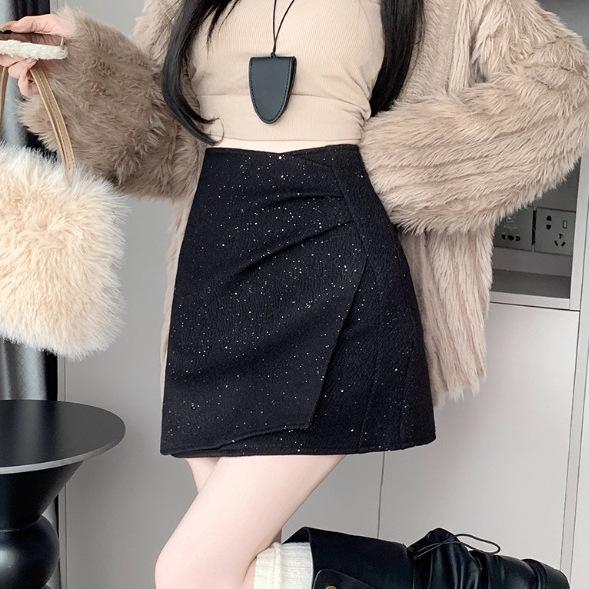 Women's High Waist Irregular A-line Woolen Skirt with Pleats & Sequins - Autumn/Winter