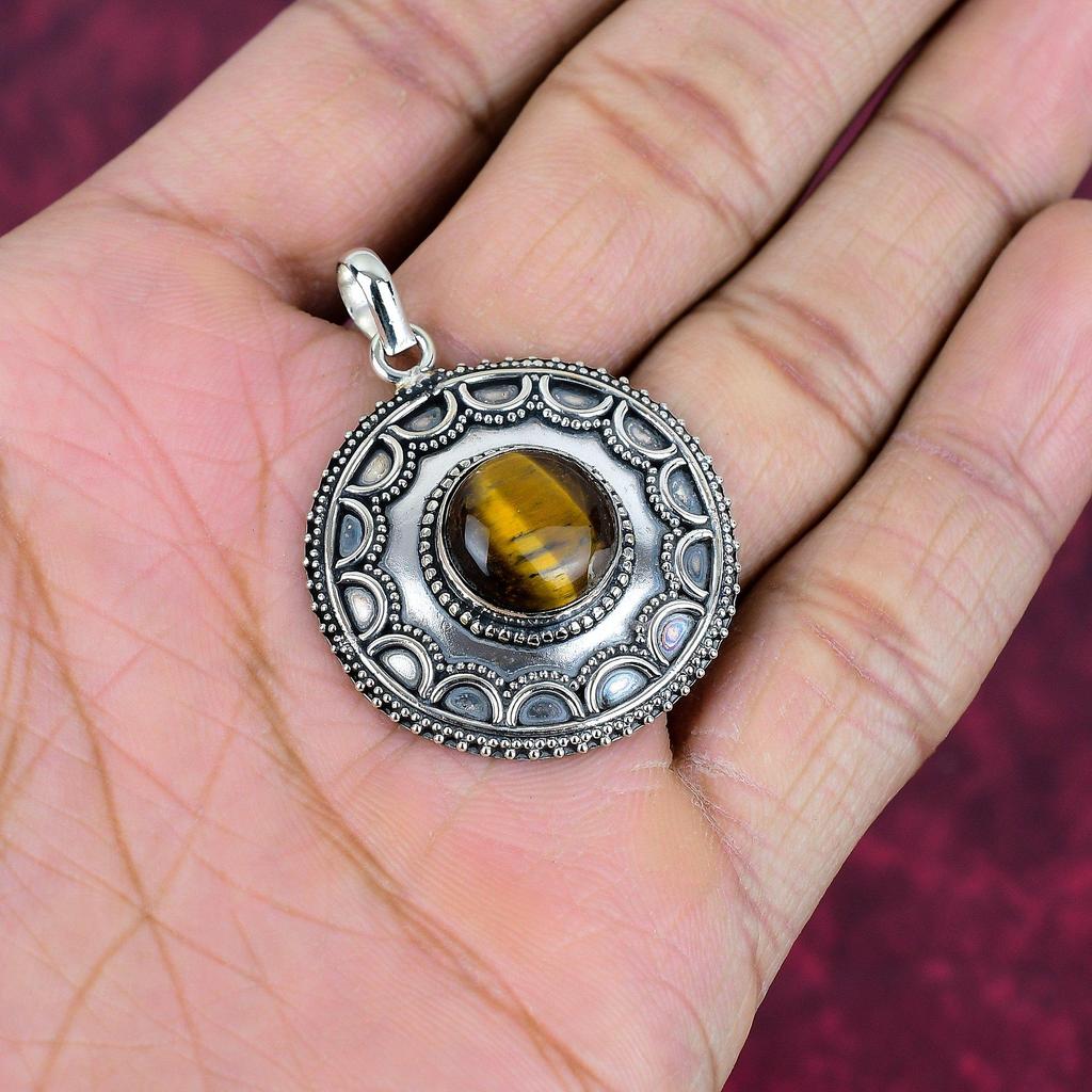 Pingente de prata esterlina sólida 925 olho de tigre, pingente de pedra preciosa feito à mão, presente para a mãe, joias antigas