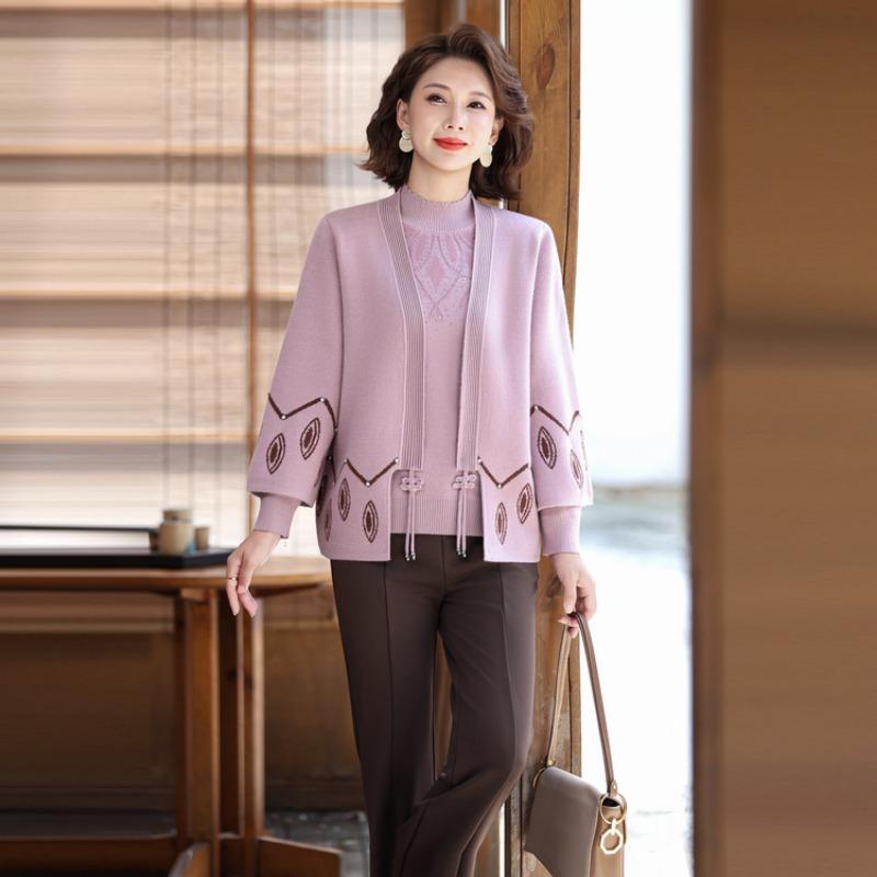 Autumn and winter sweater set, fashion cardigan jacket, old girl mother outfit, new velvet warm two-piece set