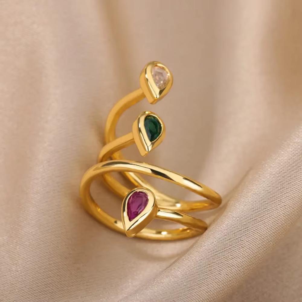 Colorful Zircon Rings For Women Gold Color Stainless Steel Colored Cubic Zirconia Ring Luxury Fashion Wedding Party Jewelry Gift