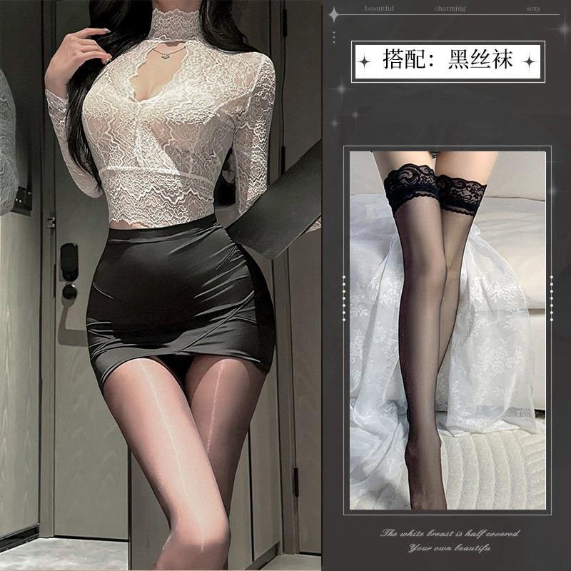 Sexy Pure Spice Slim Long Sleeve Lace Top Hip Wrap Skirt Secretary Cosplay Tease