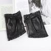 New Women's Sheepskin Half Finger Gloves Leather Fashion Lace Style Warm Velvet Cool Silk Black Riding Driving Gloves