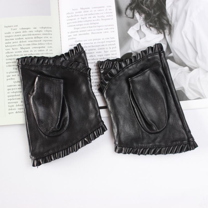 New Women's Sheepskin Half Finger Gloves Leather Fashion Lace Style Warm Velvet Cool Silk Black Riding Driving Gloves