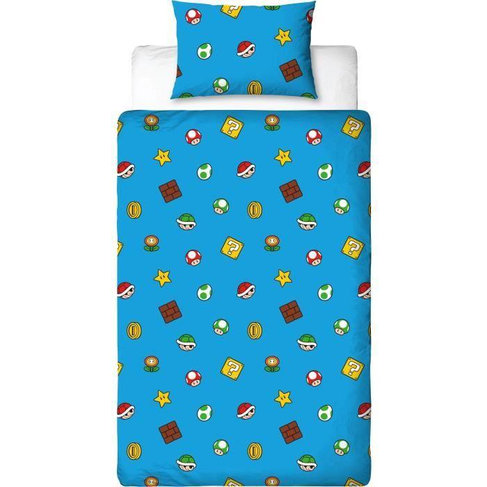 Parure de lit réversible - MARIO BROS - Mario et ses amis IV - Microfibre - 1 housse de couette 140 x 200 cm + 1 taie 63 x 63 cm