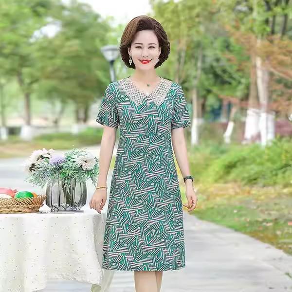 Imitation Ice Silk Printed Mid-Length Dress for Summer 2024 - Elegant Mulberry Silk Design for Middle-Aged and Elderly Women