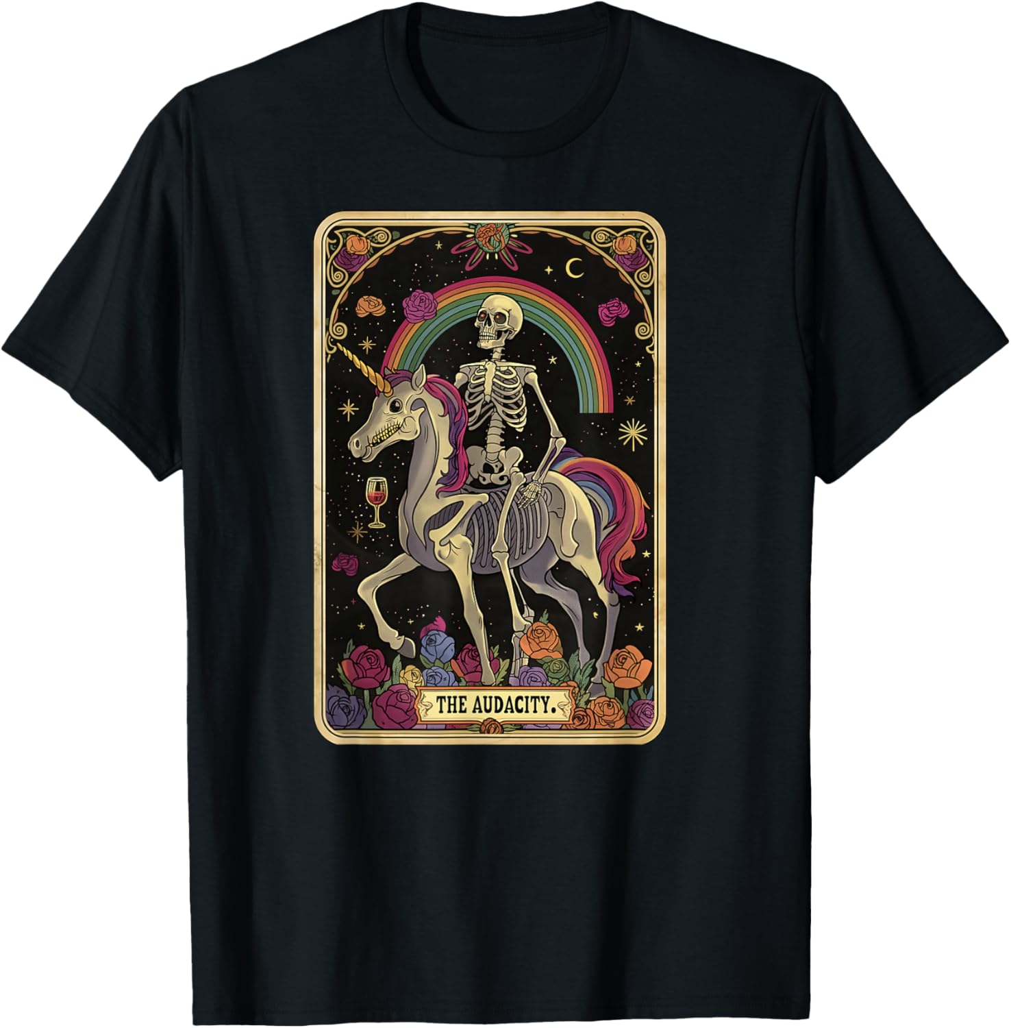 Skeleton Riding Unicorn Tarot The Audacity Graphic T-Shirt Casual Short Sleeve Cotton Tee 4XL