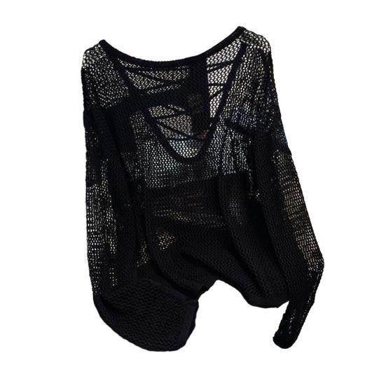 

Женские топы-накидки с V-образным вырезом, воротником на бретелях, длинным рукавом, летние солнцезащитные топы, однотонная рубашка с ажурным дизайном, непромокаемая рубашка L чёрный