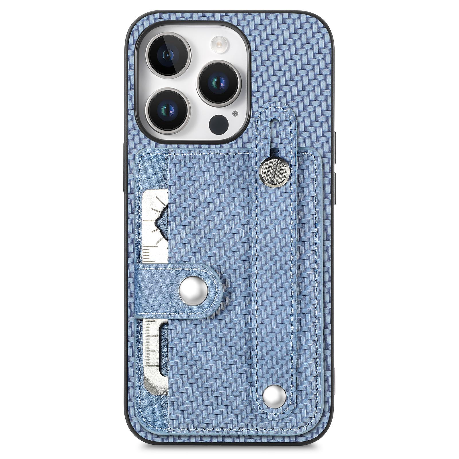 

C1-01 For iPhone 16 Pro Case Wristband Anti-Drop Leather Back Cover with Card Holder,Card Knife Blue