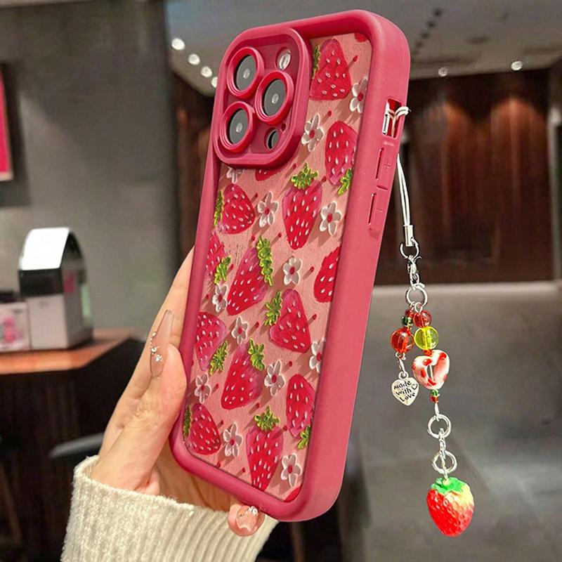 Flower Strawberry Painting Pendant Chain Phone Case For iPhone 17 16 15 14 13 12 11 Pro Max 16E XS X XR 7 8 Plus Silicone Cover