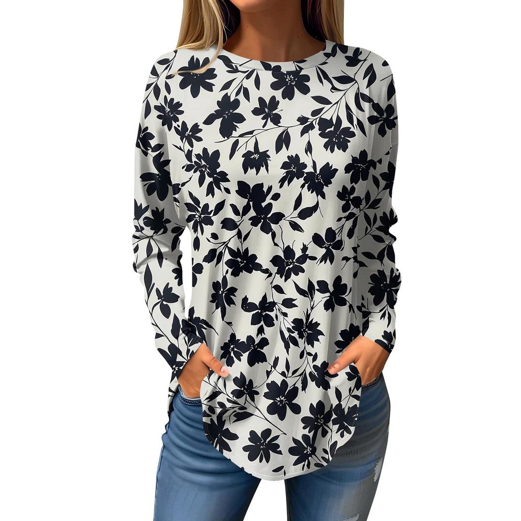 Dames Losse Ronde Hals Print Lange Mouw T-shirt Top Pullover