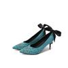 FOREADA Women Pumps Pointed Toe Thin High Heels Crystal Bow Glove Shoes Ladies Fashion Shoes Spring Autumn Red Black Green 43