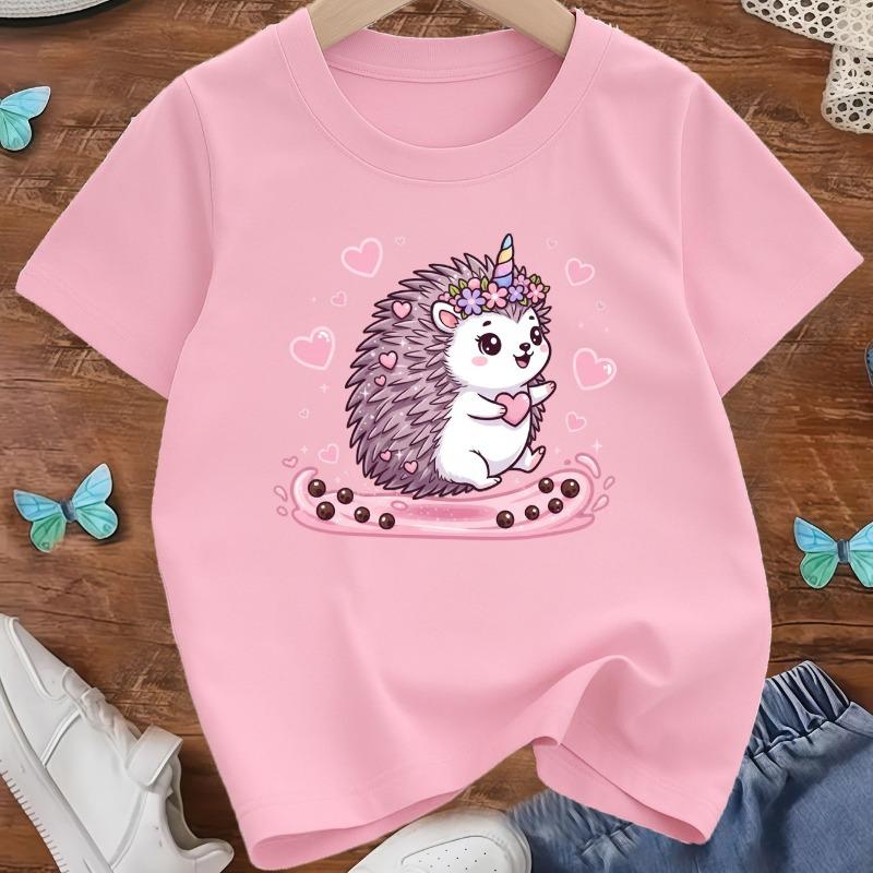 Kids Cute Hedgehog Cartoon Print Crewneck Short Sleeve Tee, Spring Summer Casual Kids Top, Ideal Gift