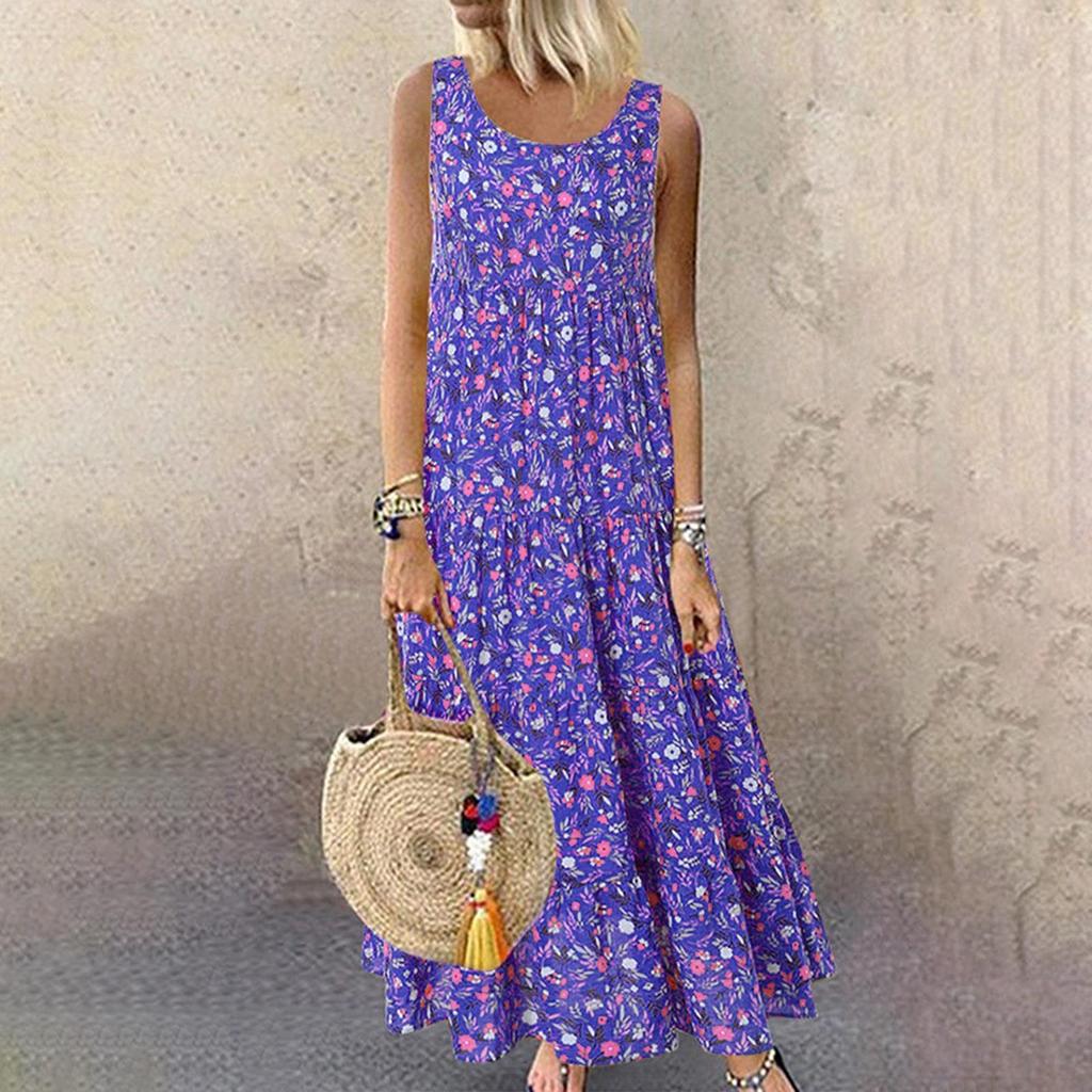 Women's Vest Dresses Summer Spring Pleated Bohemian Dresses Cute Sleeveless Flowing Beach Straight T-Shirt Tank Dresses Round Neck Dresses