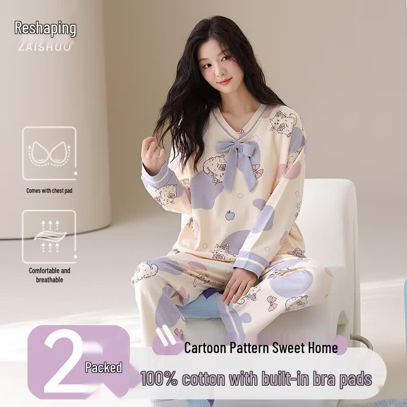 Women s Pure Cotton Long Sleeve Lounge Set with Chest Pads XL