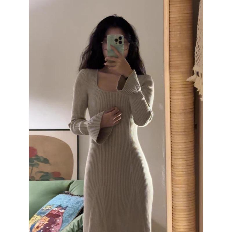 Slim and thin design sense medium and long knitted skirt early autumn lazy style temperament beautiful dress