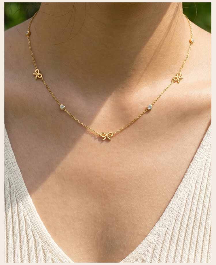 18K Gold Plated CZ Bow Knot Station Necklace for Women, Anti Tarnish Waterproof Stainless Steel Chic Coquette Jewelry