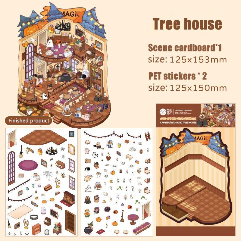 Cartoon Capybara Landscape Sticker Kawaii 3D Miniature Scene DIY Cabin Scene Visual Stacking Pasting Sticker Gift for
