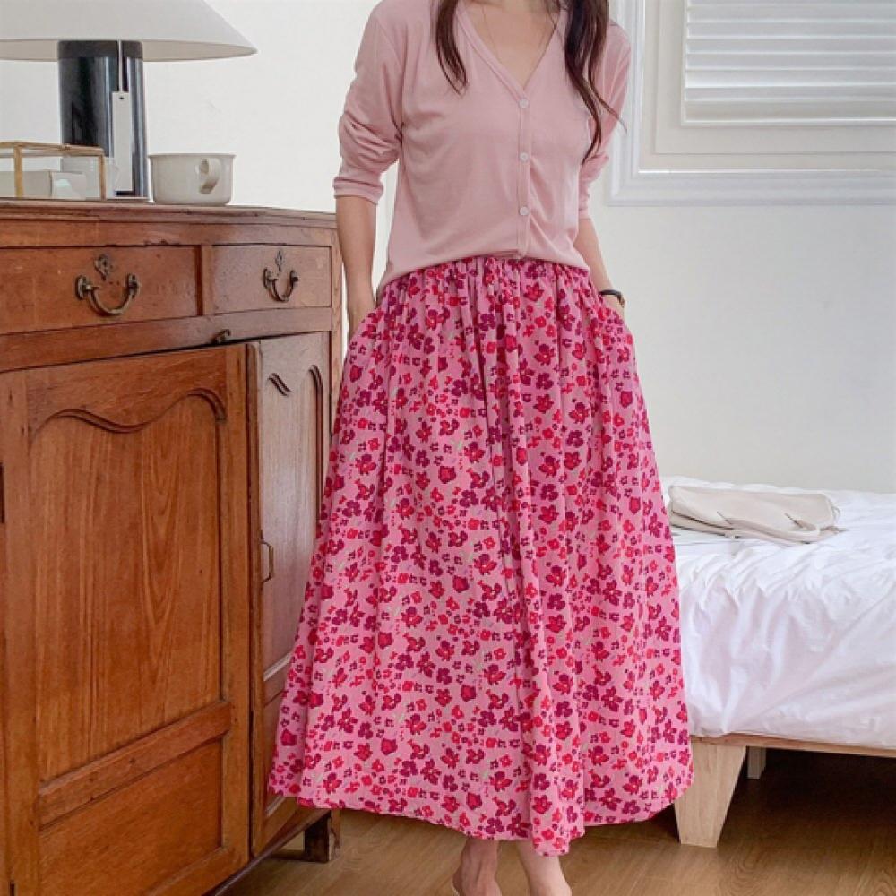 New Arrivals Open Run Women Flower Pattern Flare Long Skirt Big Size Banding
