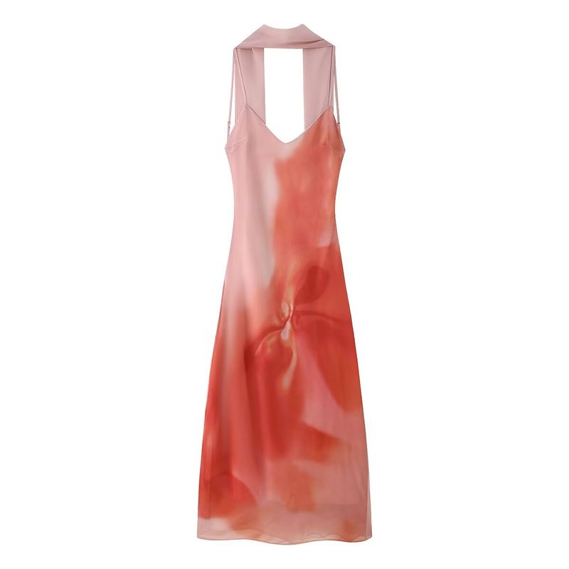 Kaslead New Women Clothes Western Style Fashion Slimming Sling Scarf Decoration Tie-dye Print Dress