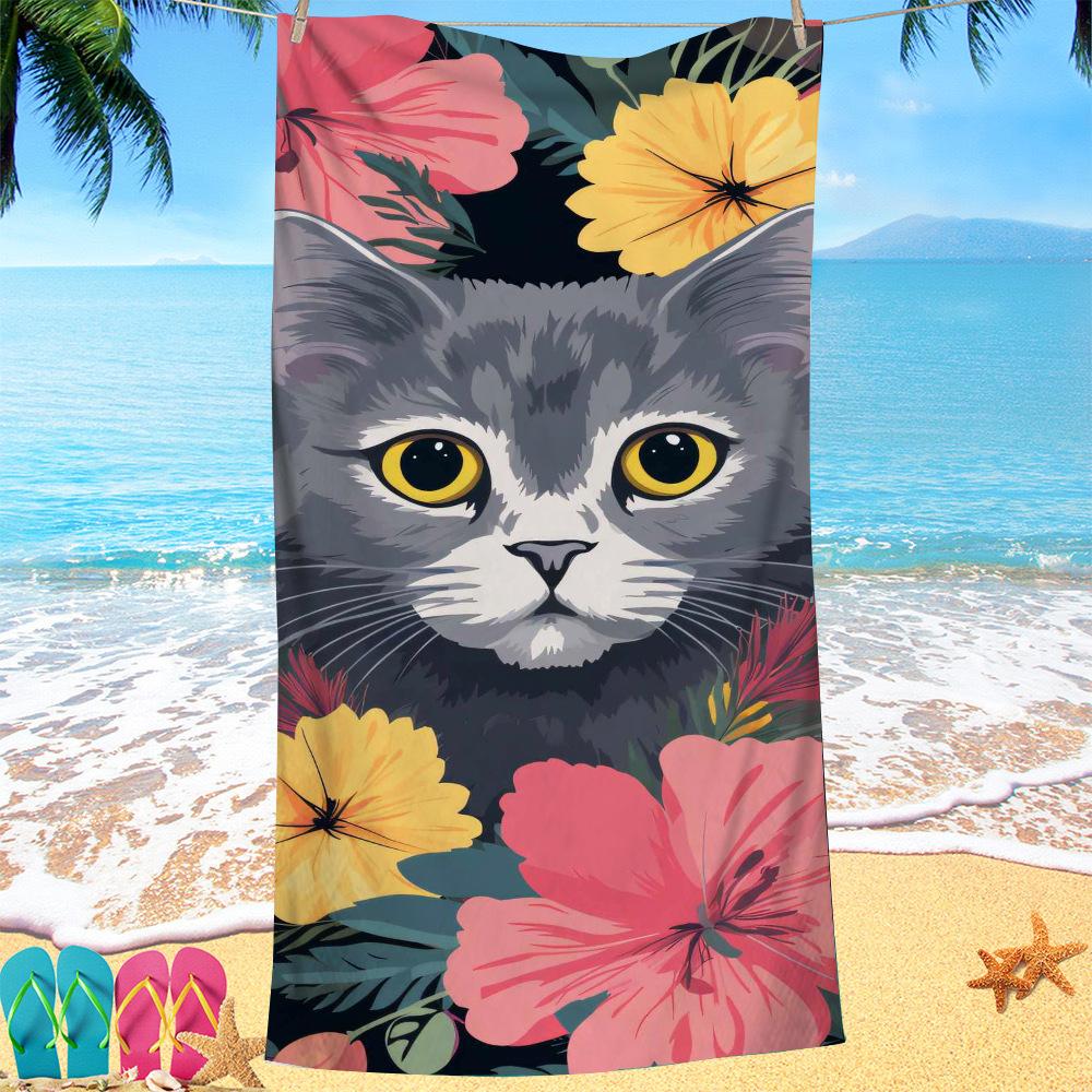 Cat Print Pattern Digital-printed Polyester Superfine Fiber Double-sided Fleece Beach Vacation Bath Towel, Beach Towel