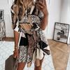 Shirt Dress Leopard Print Roll Up Sleeve Women Waist Tie Lapel Dress for Dating