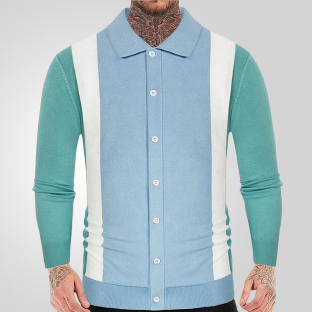 Men's Casual Color - Blocked Knitted Cardigan With Turned - Up Collar And Ribbed Cuffs Outerwear