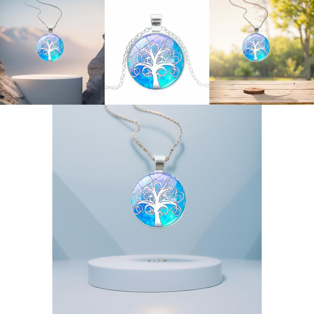 Elegant Tree Pattern Pendant Necklace In Vintage Silver Color With Classic Glass Cabochon