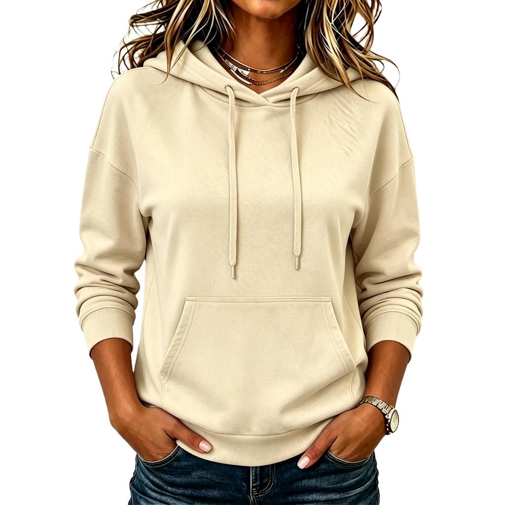 Women's Fashion Long Sleeve Hoodie Pullover Sweatshirt Solid Color Pocket Casual Pullover Sweatshirt with Drawstring Hood and Front Pocket
