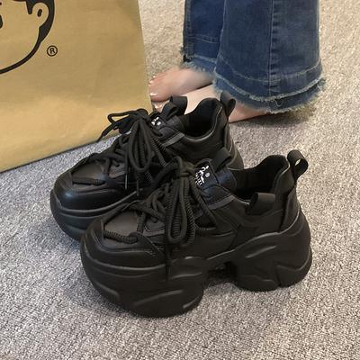 Autumn Breathable Thick Bottom Casual Shoes New 2024 Women's Chunky Leather Sneakers 8CM High Platform Sports Dad Shoes Spring