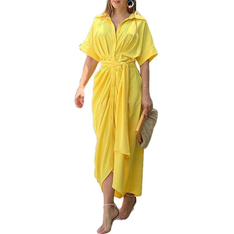 2026 Spring Women's Lace-Up Waist Short-Sleeve Solid Color Shirt Dress