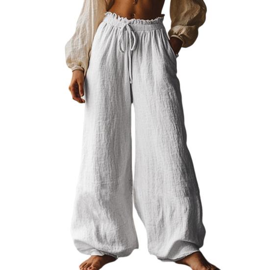 

Women Pants High Waist Wide Leg Loose Fit Drawstring Elastic Waist Bohemian Style Long Trousers with Pockets Casual Summer M белый