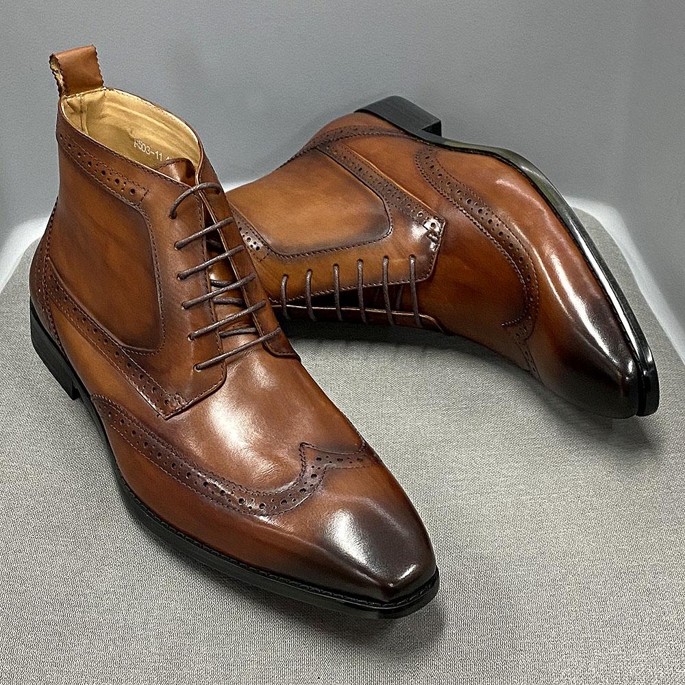 Fashion Men's Classic Calfskin Real Leather Cowboy Boots Lace-Up Wingtip Pointed Toe High Cut Formal Derby Shoes