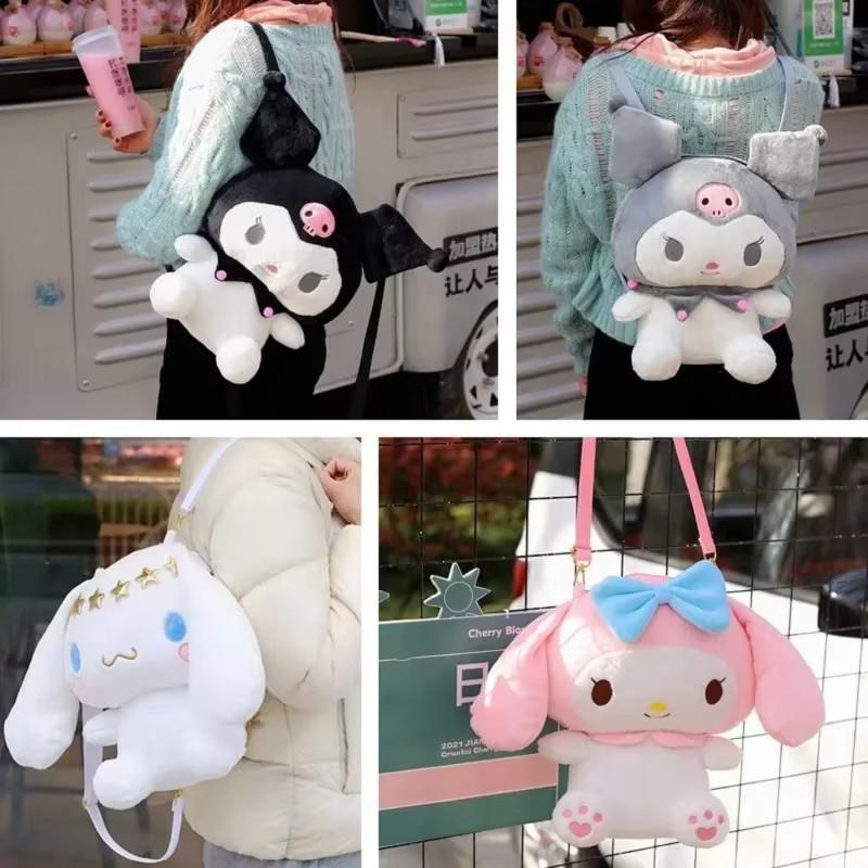 Kawaii Sanrio Plush Backpack for Girls, Cute Kuromi Cinnamoroll My Melody Cartoon Anime School Bag, Lightweight Travel Bag