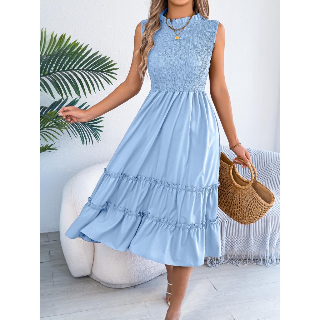 Spring Summer Women's Casual Smocked Waist Sleeveless Ruffle Trim Flowy Maxi Long Dress for European American Crossborder