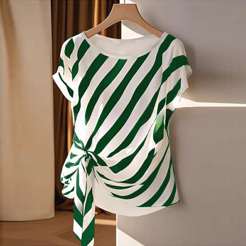 European & American 2025 New Style Women's Short Sleeve Round Neck Striped Tie-Up T-shirt