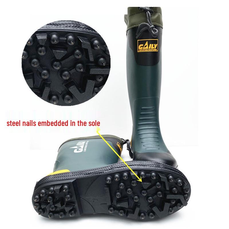 Vyriški neslystantys aukštakulniai vandeniui atsparūs guminiai lietaus batai su plieniniais padais - kvėpuojantys, madingi žvejybai