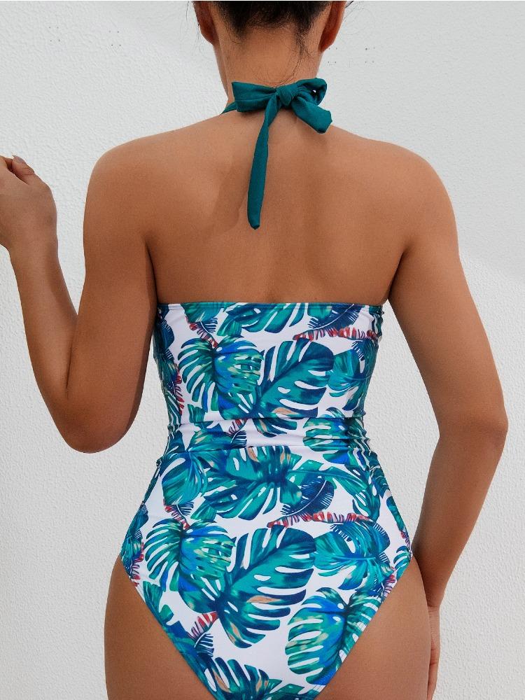 Printed Tie Back High Waist One Piece Sexy Bikini Swimsuit Women Fashion Elegant Beach Vacation Wear