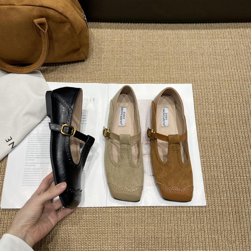 Retro Carved Square Head Niche Design Single Shoes Flat-soled Small Leather Shoes Women Niche Design French Mary Jane Single Shoes Women