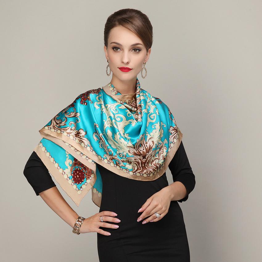 Cachecois Women Blue Silk Scarf Bronzing Printing Autumn And Winter  Ladies Pure Silk Long Scarf Foulard All-Match Blue