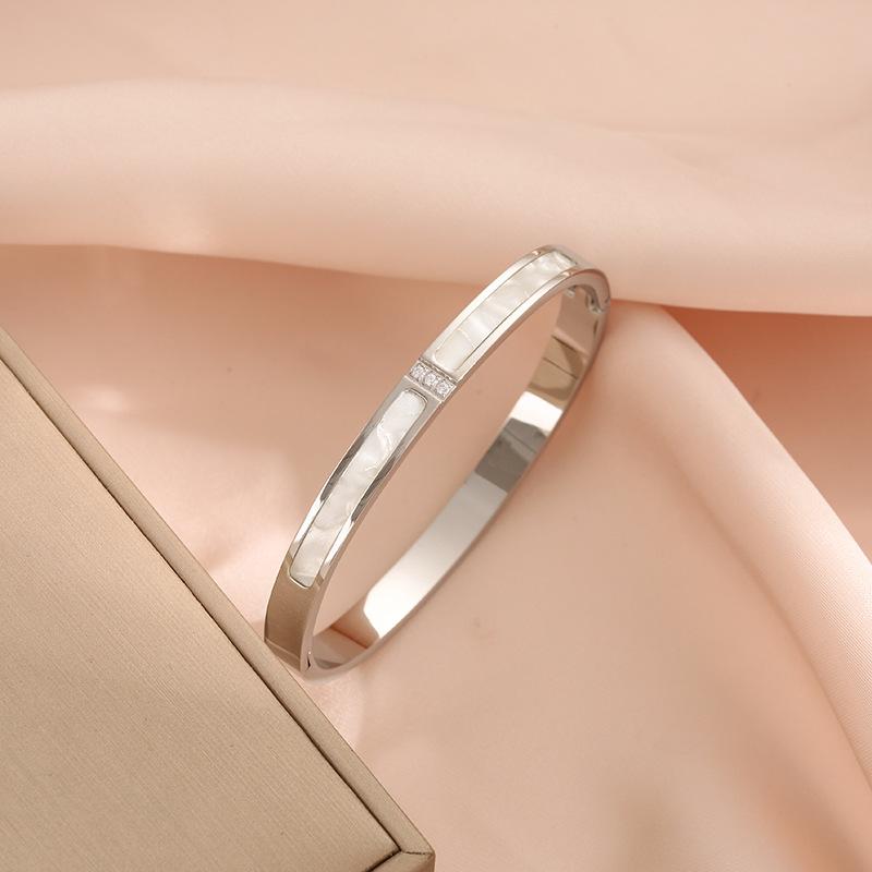 Htpwe Stainless Steel Rectangular Shell Inlaid Zirconium Bracelet Women 18kGold Couple Holiday Gift Bracelet Party Daily Zircon